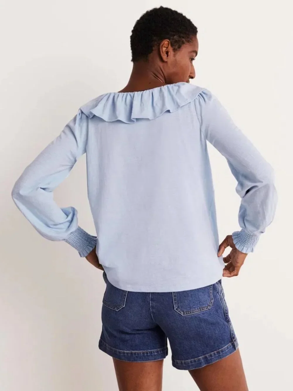 Boden womens Scoop Frill Neck Jersey Top Light Blue Ruffle Button Front Blouse 6